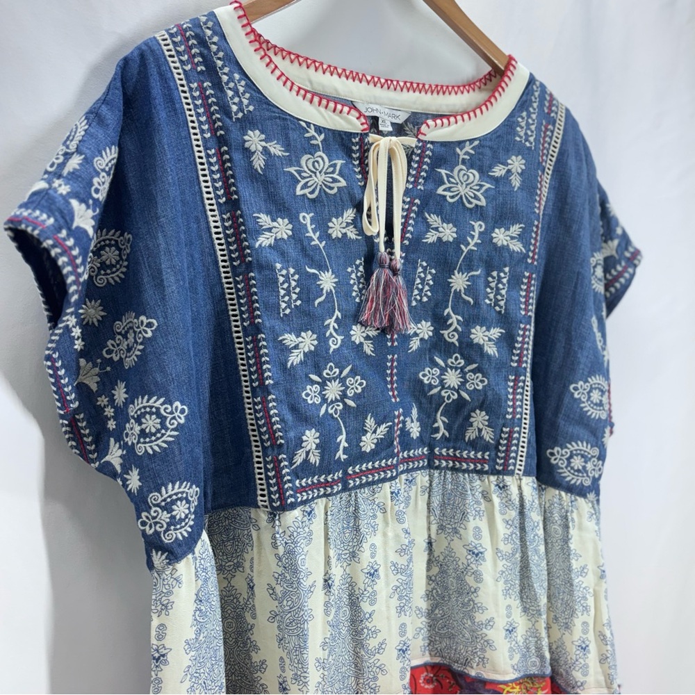 John Mark Embroidered Peasant Top Blue Red Loose Fit Dopamine Cotton XL - Picture 6 of 12